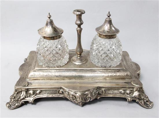 A Victorian silver rectangular inkstand by Roberts & Belk, Sheffield, 1866, 34 oz.